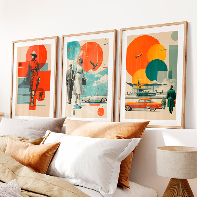 Retro Wall Art with Mid Century Fashion and Vintage Cars- Natural Wood Framed Poster with White Border - Artworksets