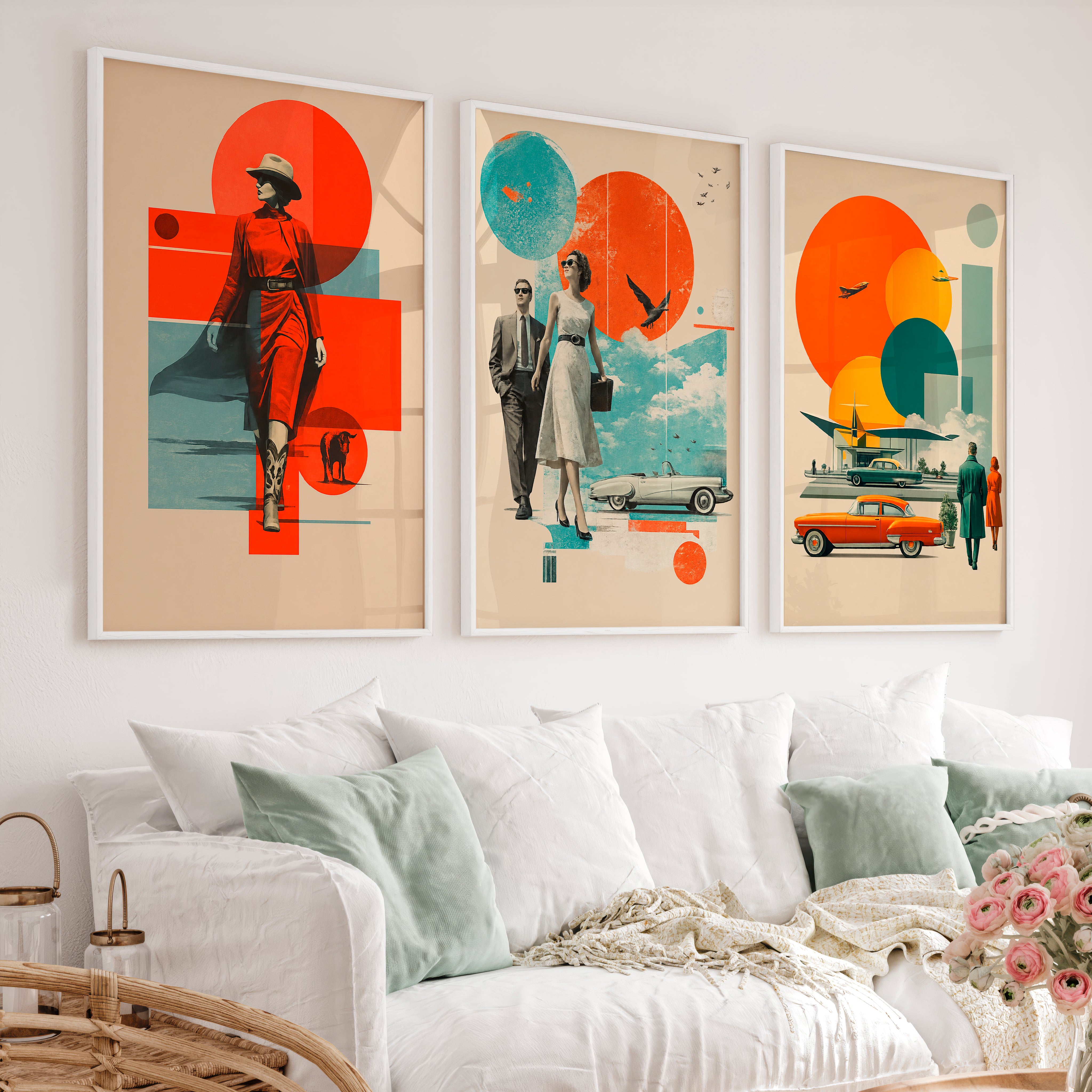 Retro Wall Art with Mid Century Fashion and Vintage Cars - White Framed Poster No Border - Artworksets