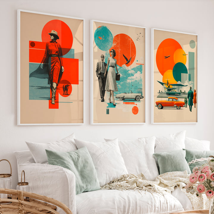 Retro Wall Art with Mid Century Fashion and Vintage Cars - White Framed Poster No Border - Artworksets