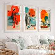 Retro Wall Art with Mid Century Fashion and Vintage Cars - White Framed Poster with White Border - Artworksets