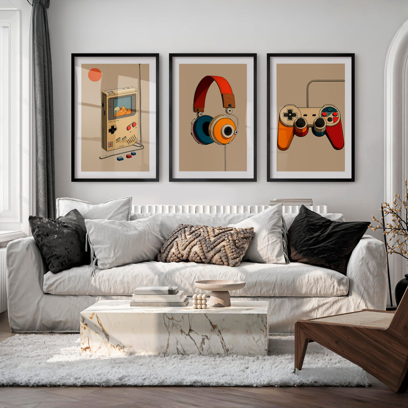 Retro Wall Pictures with Handheld Console and Headphones - Black Framed Poster with White Border - Artworksets
