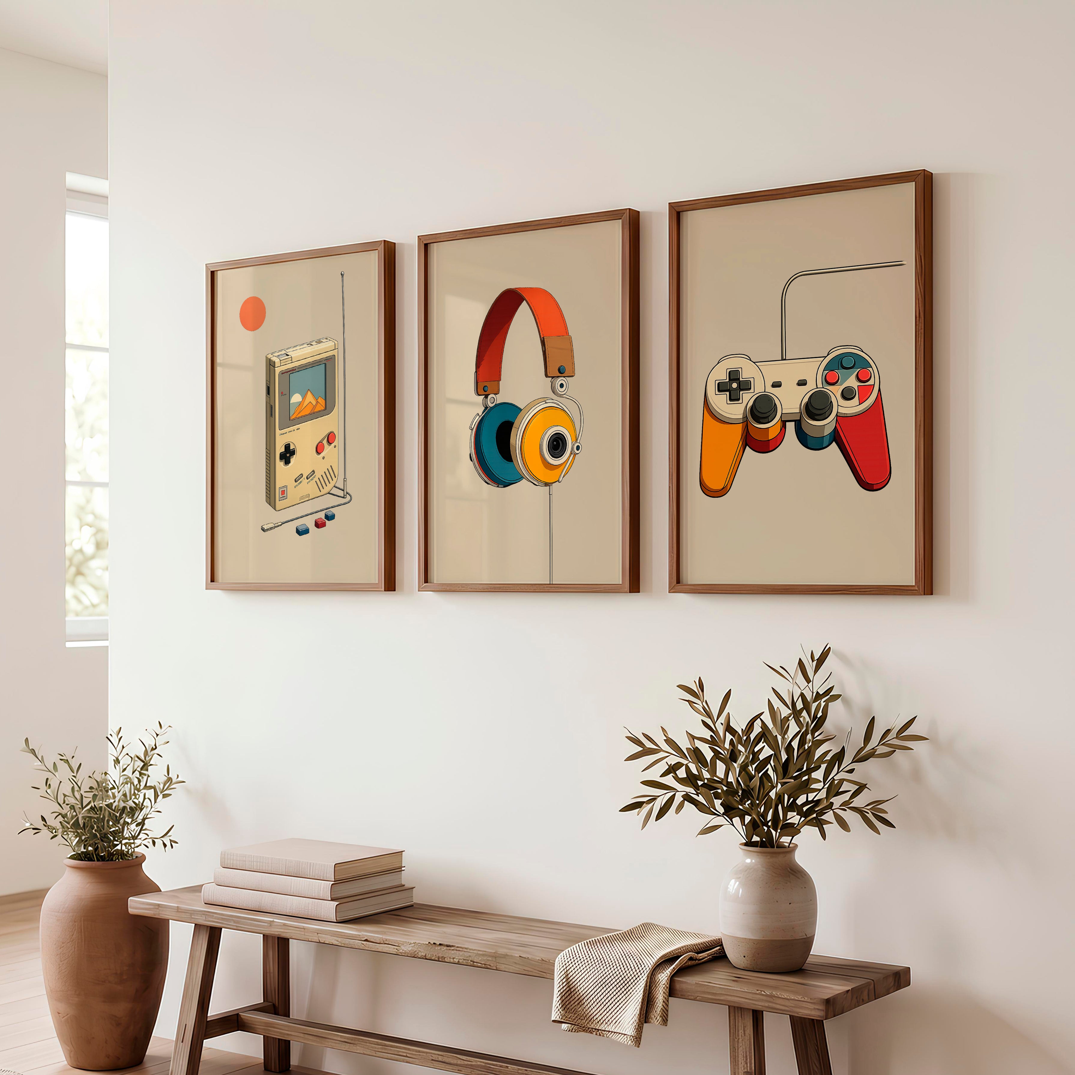 Retro Wall Pictures with Handheld Console and Headphones - Dark Brown Framed Poster No Border - Artworksets