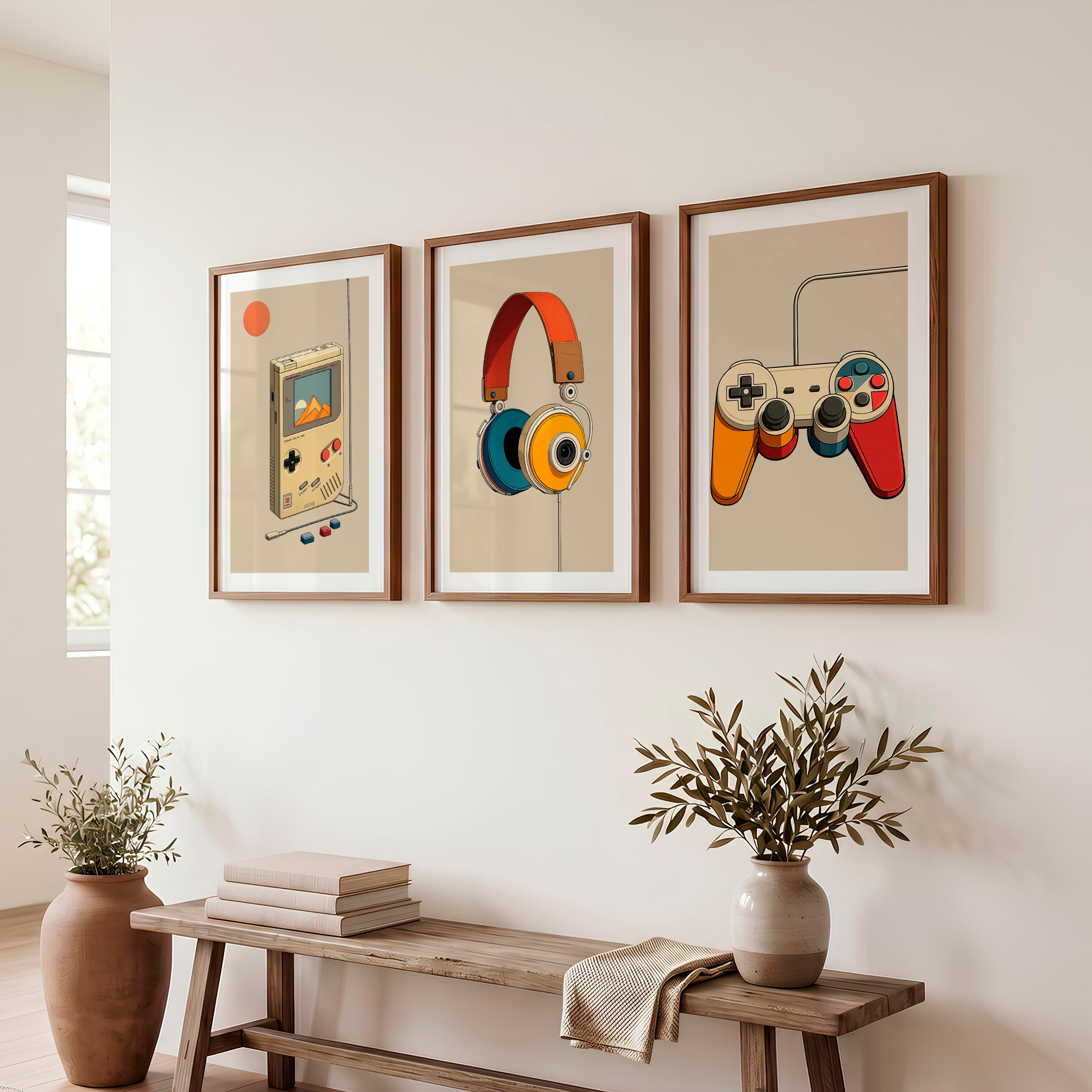 Retro Wall Pictures with Handheld Console and Headphones - Dark Brown Framed Poster with White Border - Artworksets
