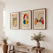 Retro Wall Pictures with Handheld Console and Headphones - Dark Brown Framed Poster with White Border - Artworksets