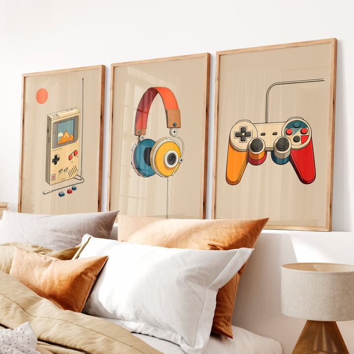 Retro Wall Pictures with Handheld Console and Headphones - Natural Wood Framed Poster No Border - Artworksets