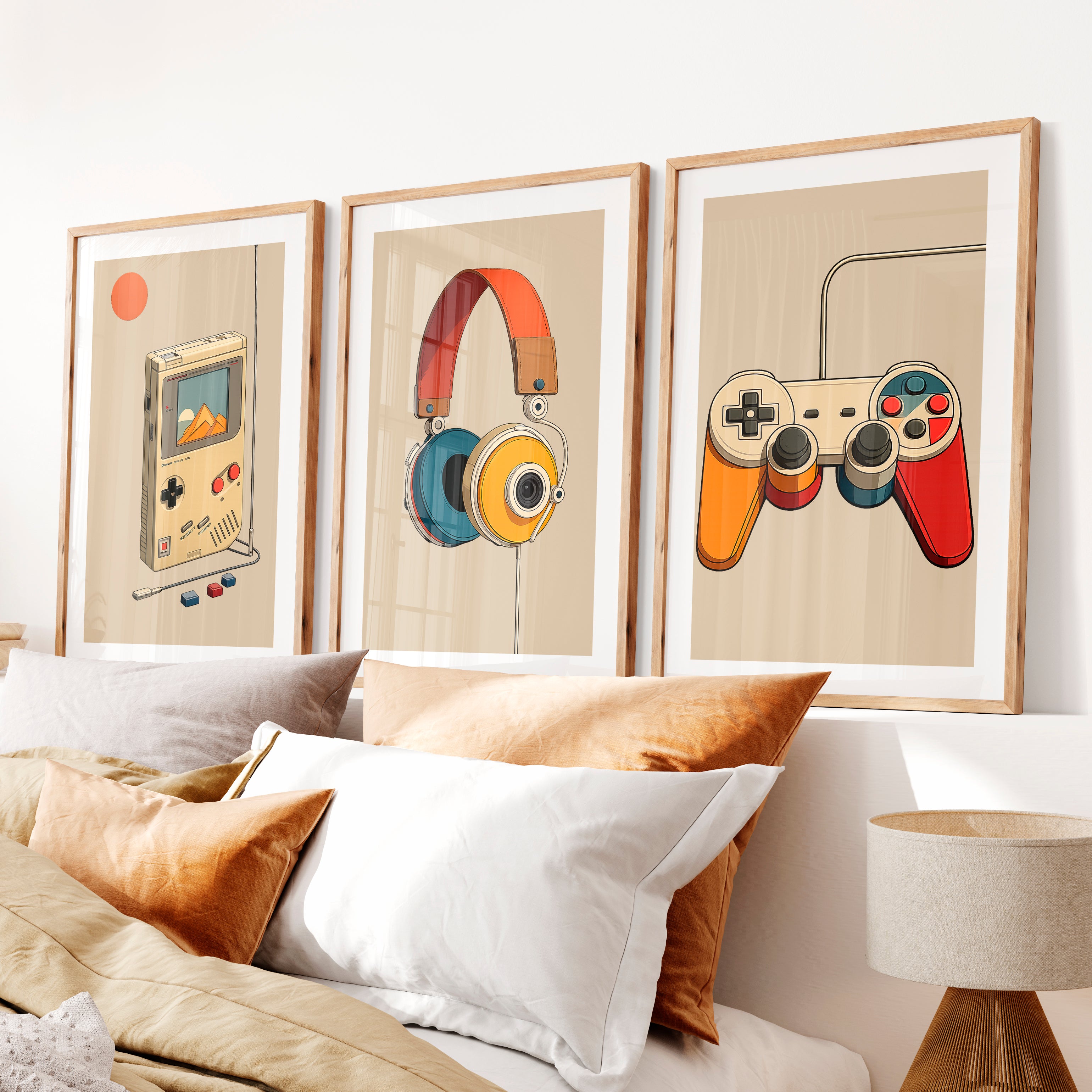 Retro Wall Pictures with Handheld Console and Headphones- Natural Wood Framed Poster with White Border - Artworksets