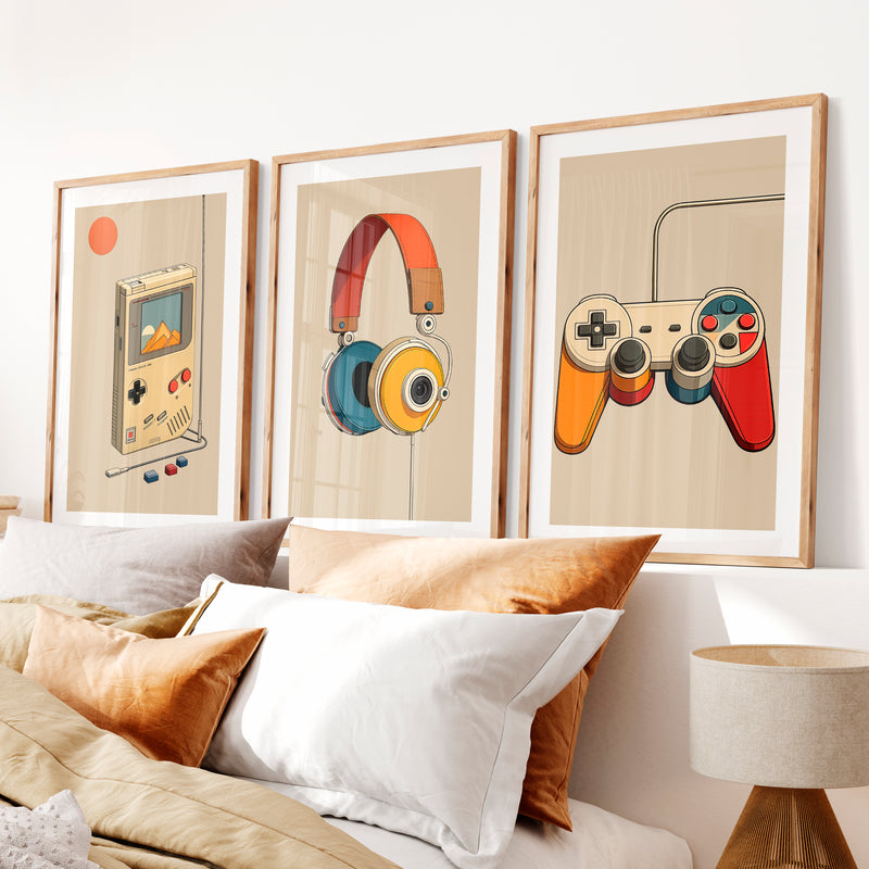 Retro Wall Pictures with Handheld Console and Headphones- Natural Wood Framed Poster with White Border - Artworksets