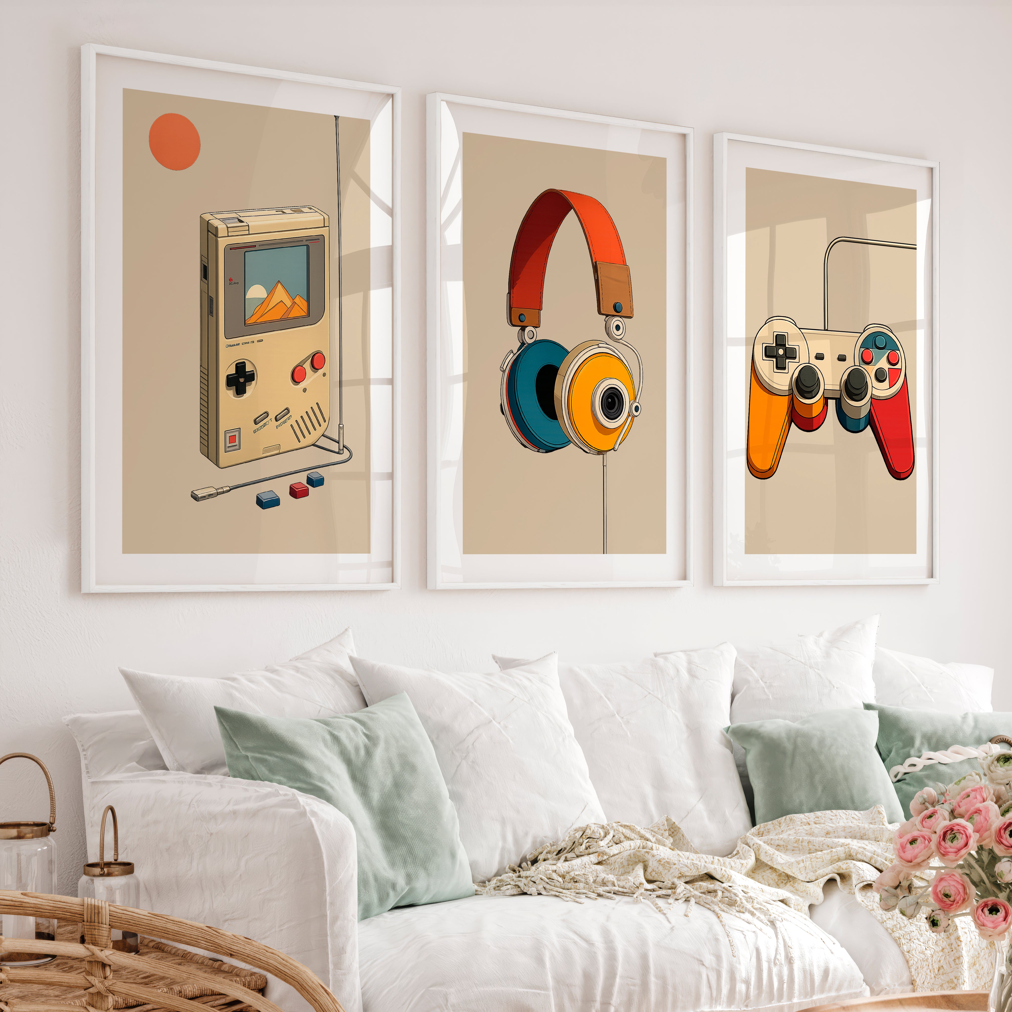 Retro Wall Pictures with Handheld Console and Headphones - White Framed Poster with White Border - Artworksets