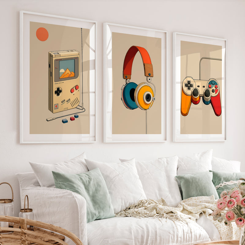 Retro Wall Pictures with Handheld Console and Headphones - White Framed Poster with White Border - Artworksets