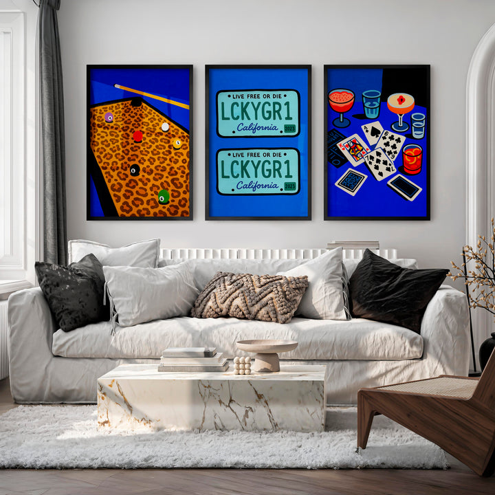 Pool Table and Cards Retro Wall Pictures Print - Black Framed Poster No Border - Artworksets
