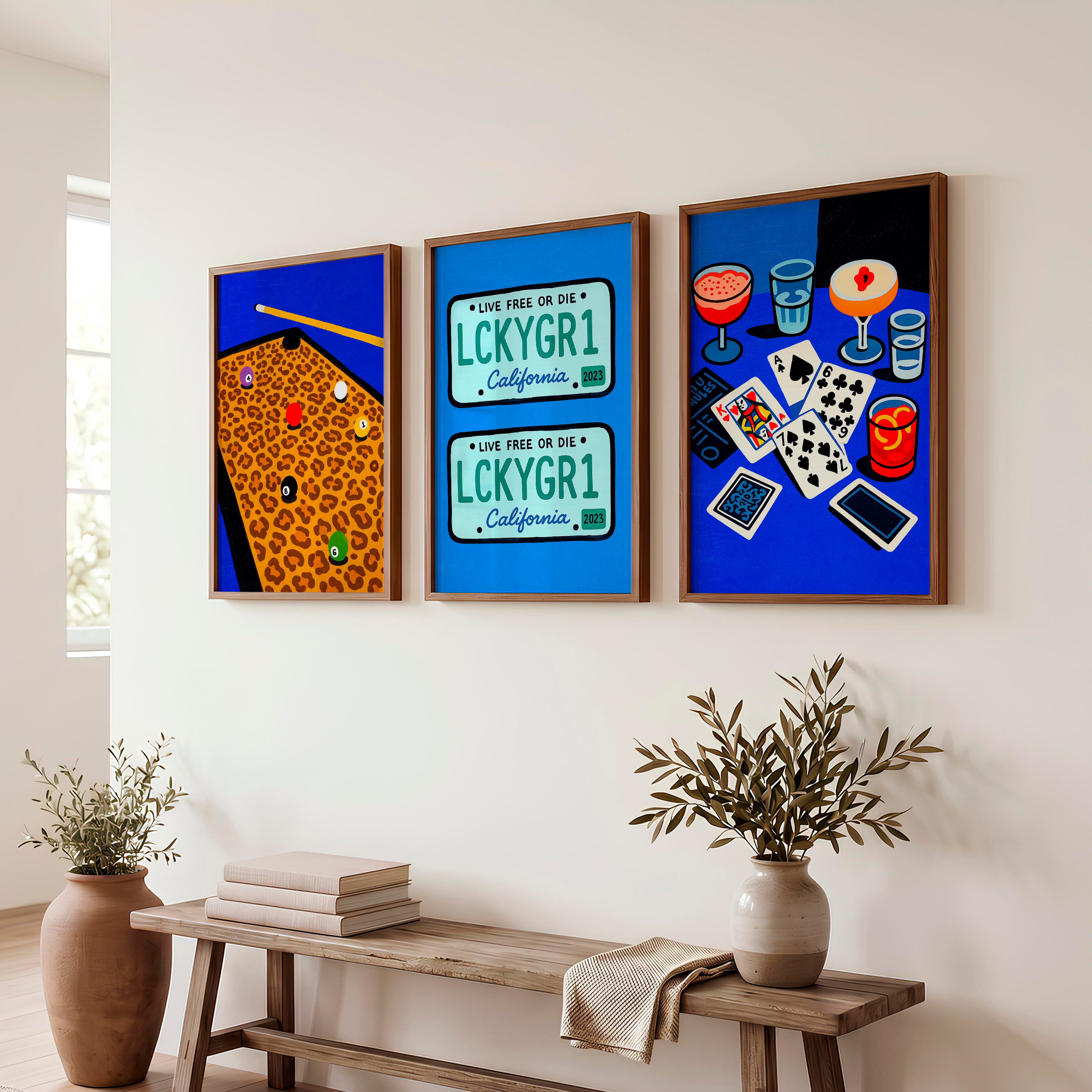 Pool Table and Cards Retro Wall Pictures Print - Dark Brown Framed Poster No Border - Artworksets