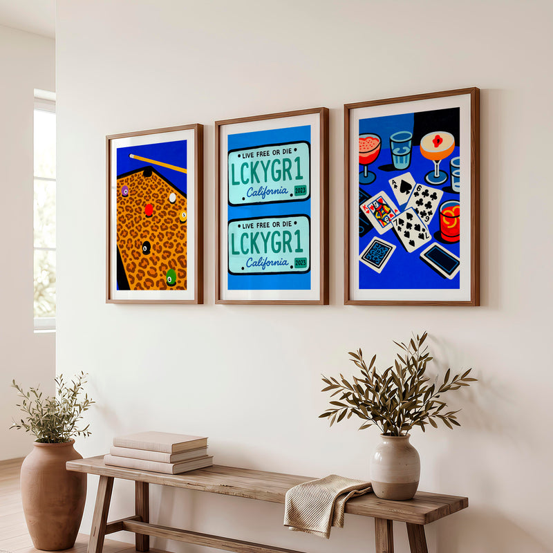 Pool Table and Cards Retro Wall Pictures Print - Dark Brown Framed Poster with White Border - Artworksets