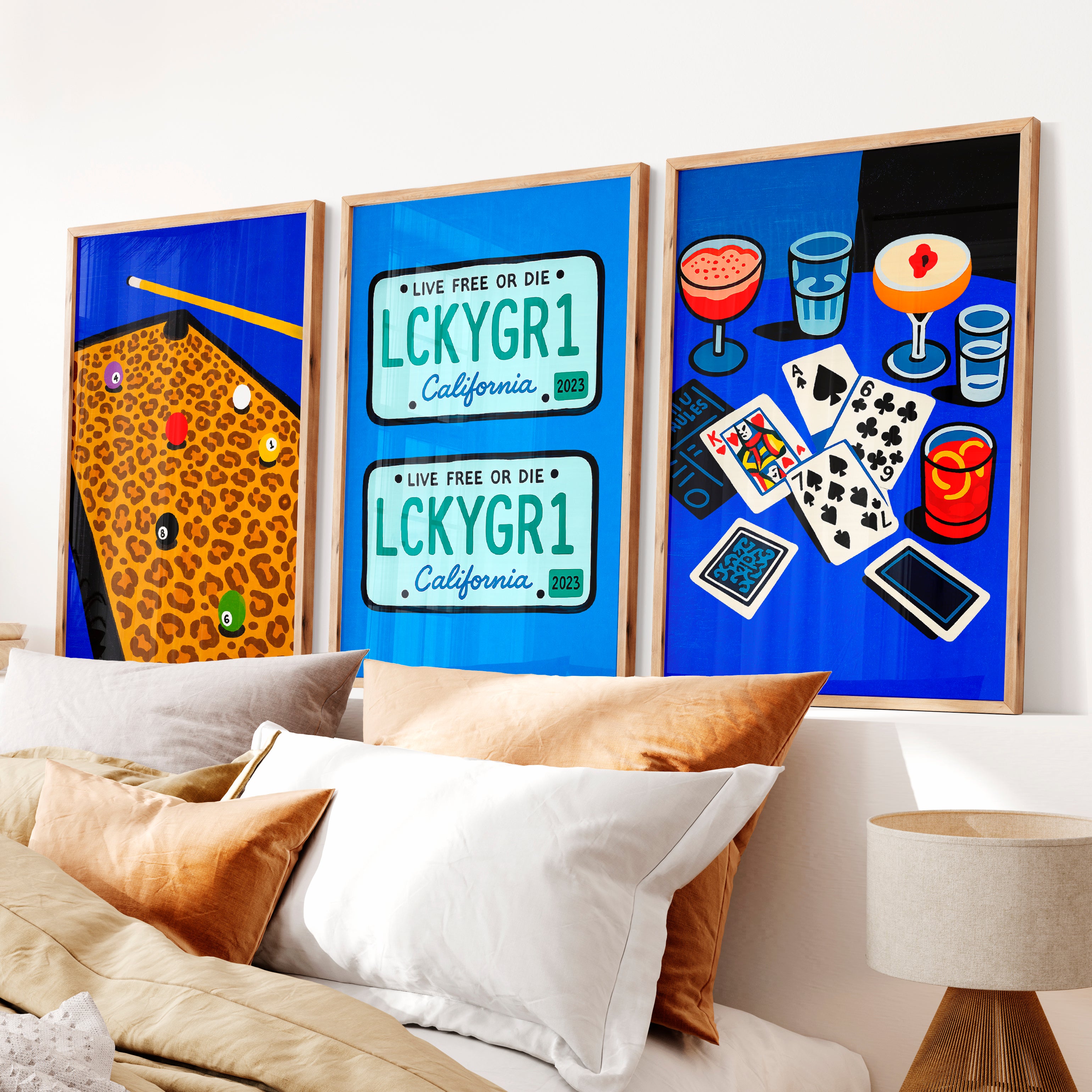 Pool Table and Cards Retro Wall Pictures Print - Natural Wood Framed Poster No Border - Artworksets