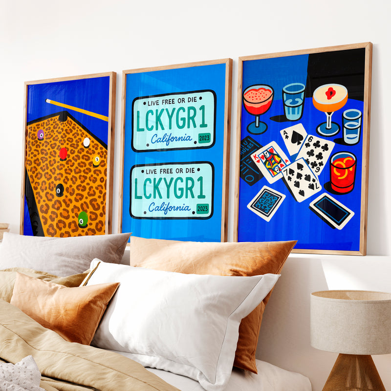 Pool Table and Cards Retro Wall Pictures Print - Natural Wood Framed Poster No Border - Artworksets