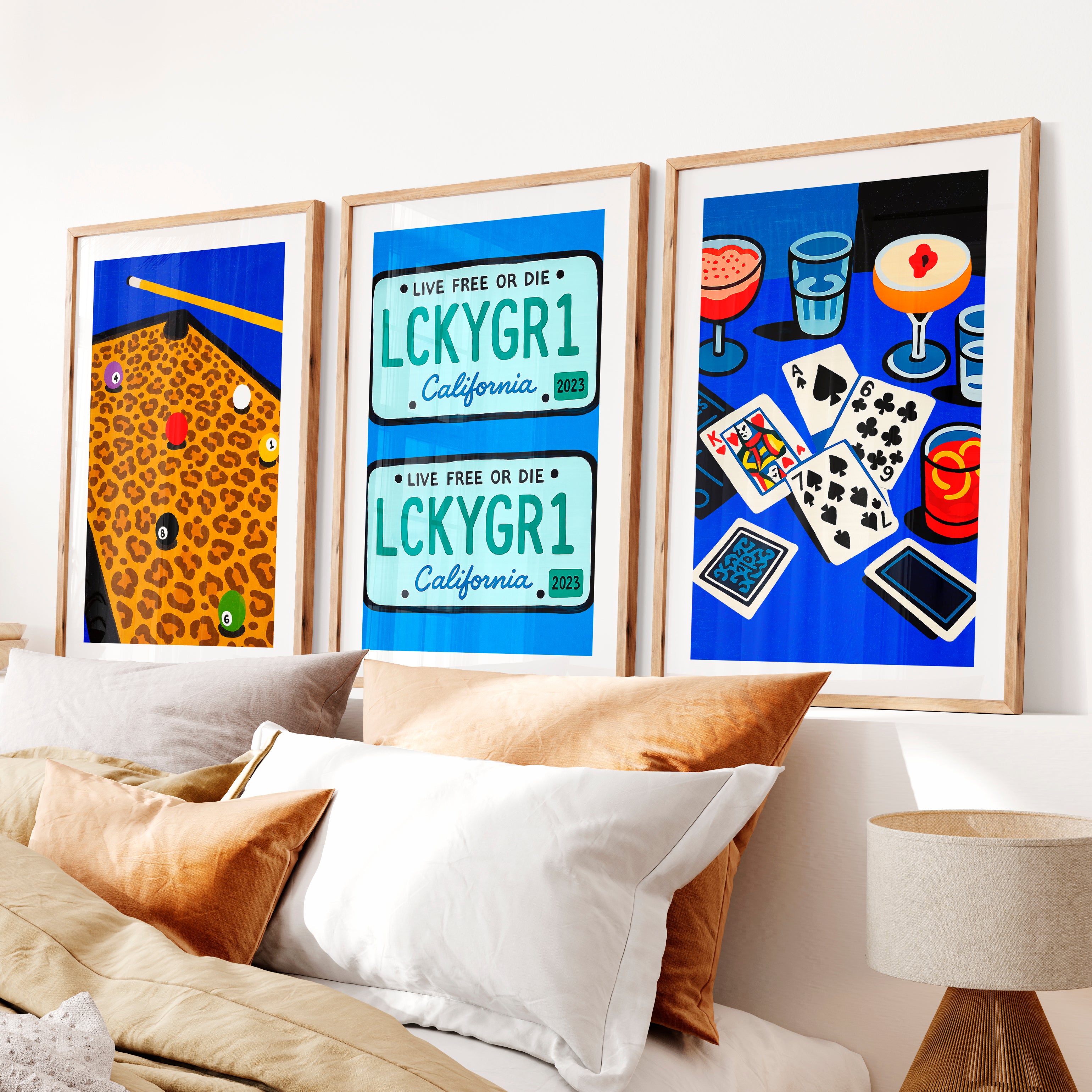 Pool Table and Cards Retro Wall Pictures Print- Natural Wood Framed Poster with White Border - Artworksets