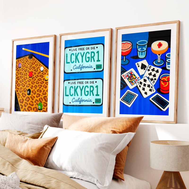 Pool Table and Cards Retro Wall Pictures Print- Natural Wood Framed Poster with White Border - Artworksets