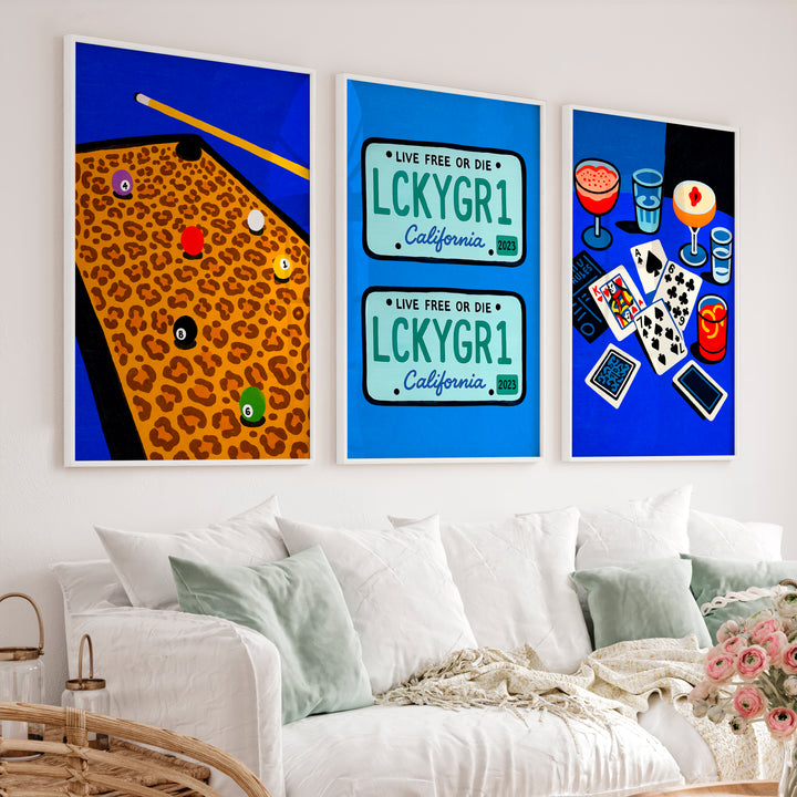 Pool Table and Cards Retro Wall Pictures Print - White Framed Poster No Border - Artworksets