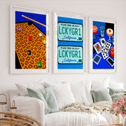 Pool Table and Cards Retro Wall Pictures Print - White Framed Poster with White Border - Artworksets