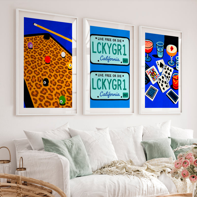 Pool Table and Cards Retro Wall Pictures Print - White Framed Poster with White Border - Artworksets