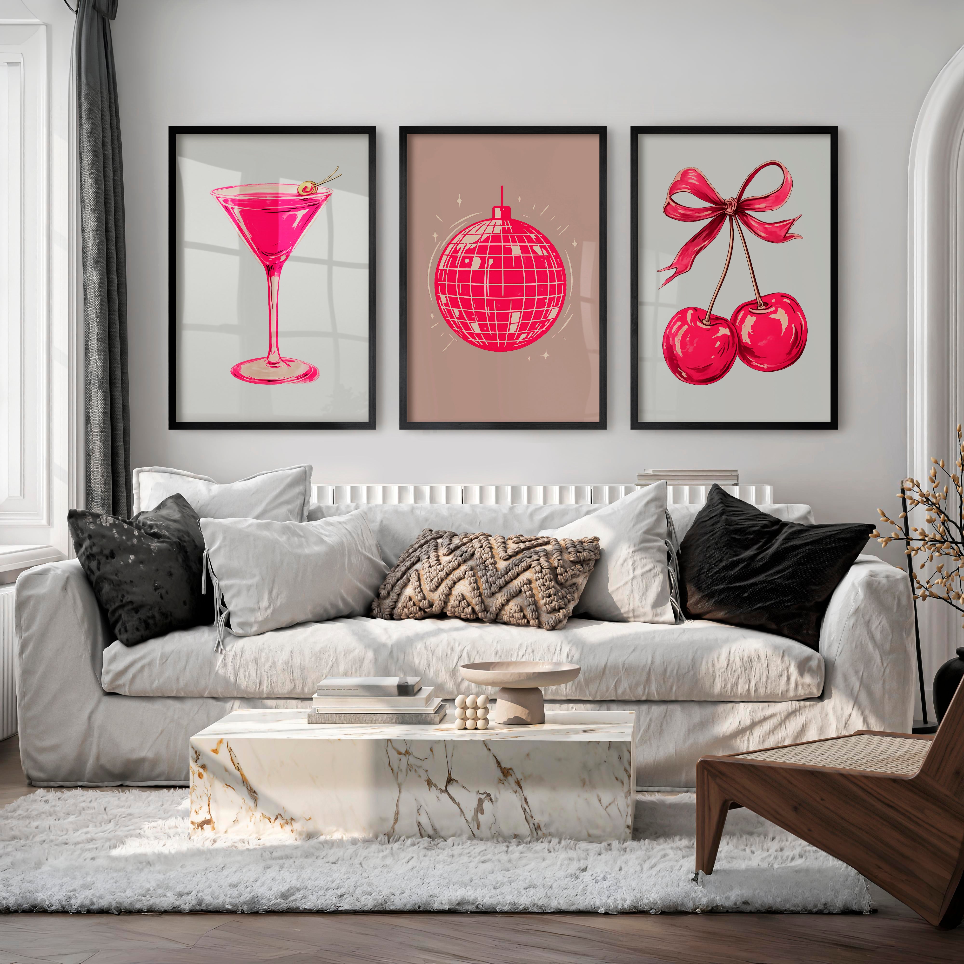 Retro Wall Art with Pink Disco Ball and Cherries - Black Framed Poster No Border - Artworksets