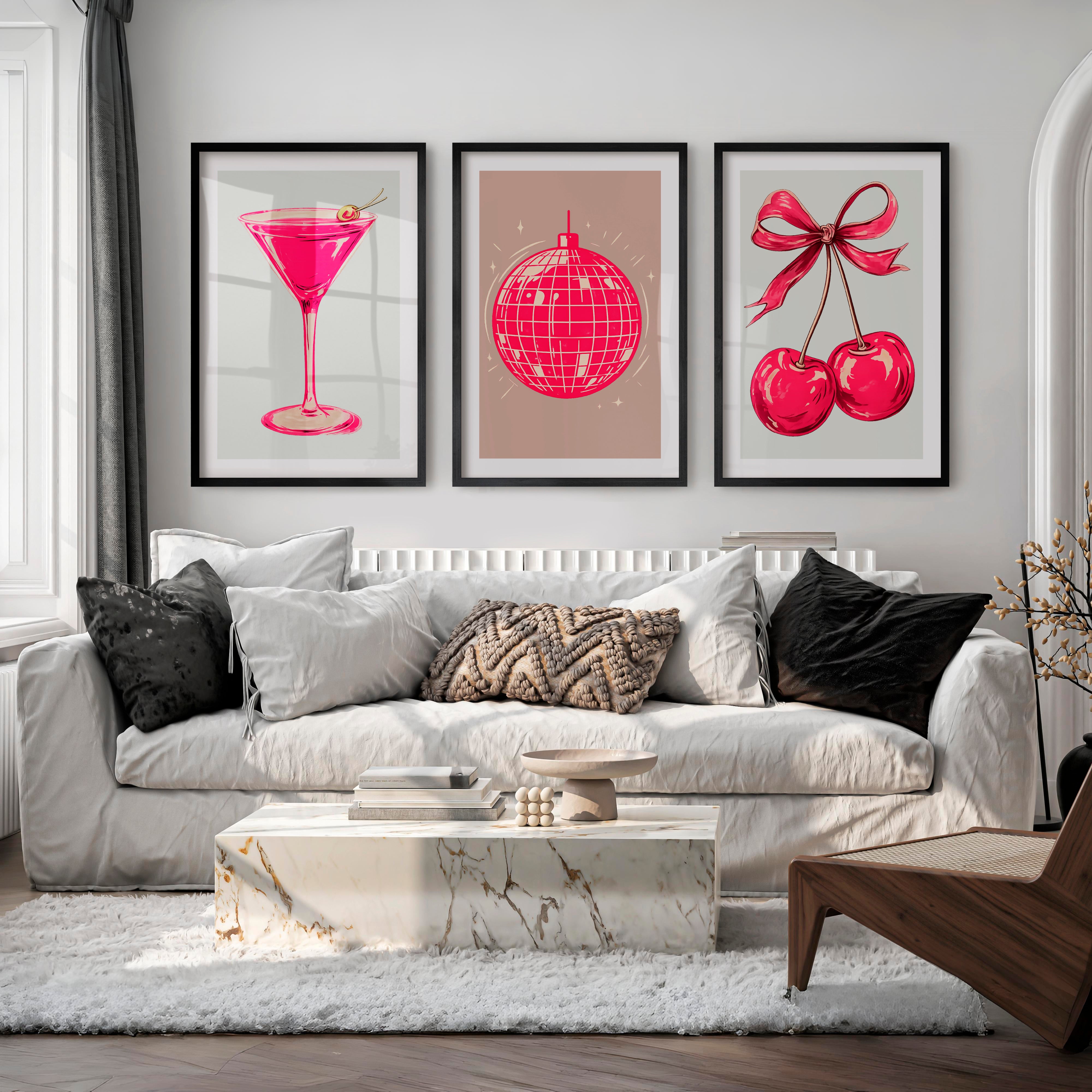 Retro Wall Art with Pink Disco Ball and Cherries - Black Framed Poster with White Border - Artworksets