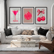 Retro Wall Art with Pink Disco Ball and Cherries - Black Framed Poster with White Border - Artworksets