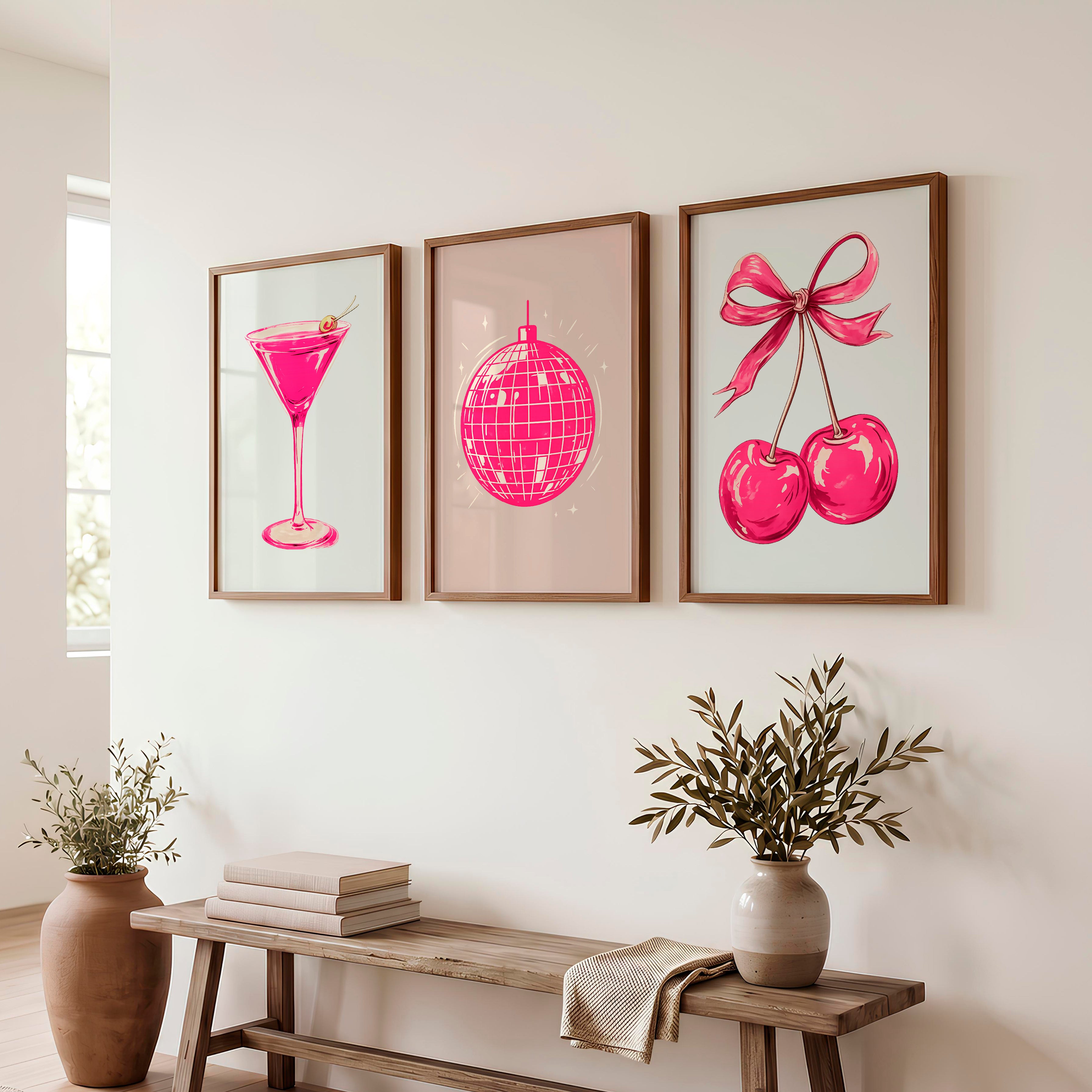 Retro Wall Art with Pink Disco Ball and Cherries - Dark Brown Framed Poster No Border - Artworksets