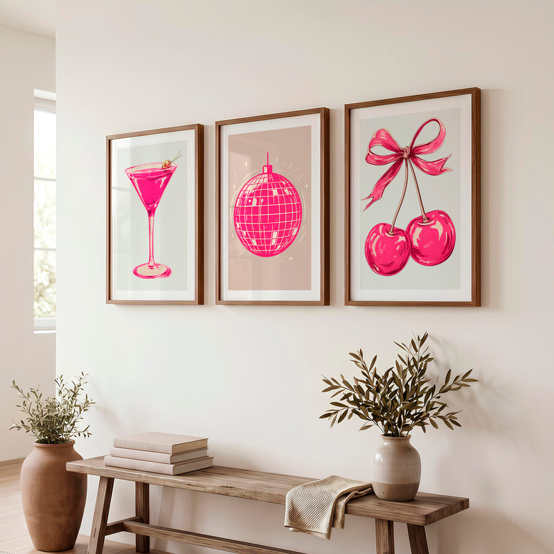 Retro Wall Art with Pink Disco Ball and Cherries - Dark Brown Framed Poster with White Border - Artworksets
