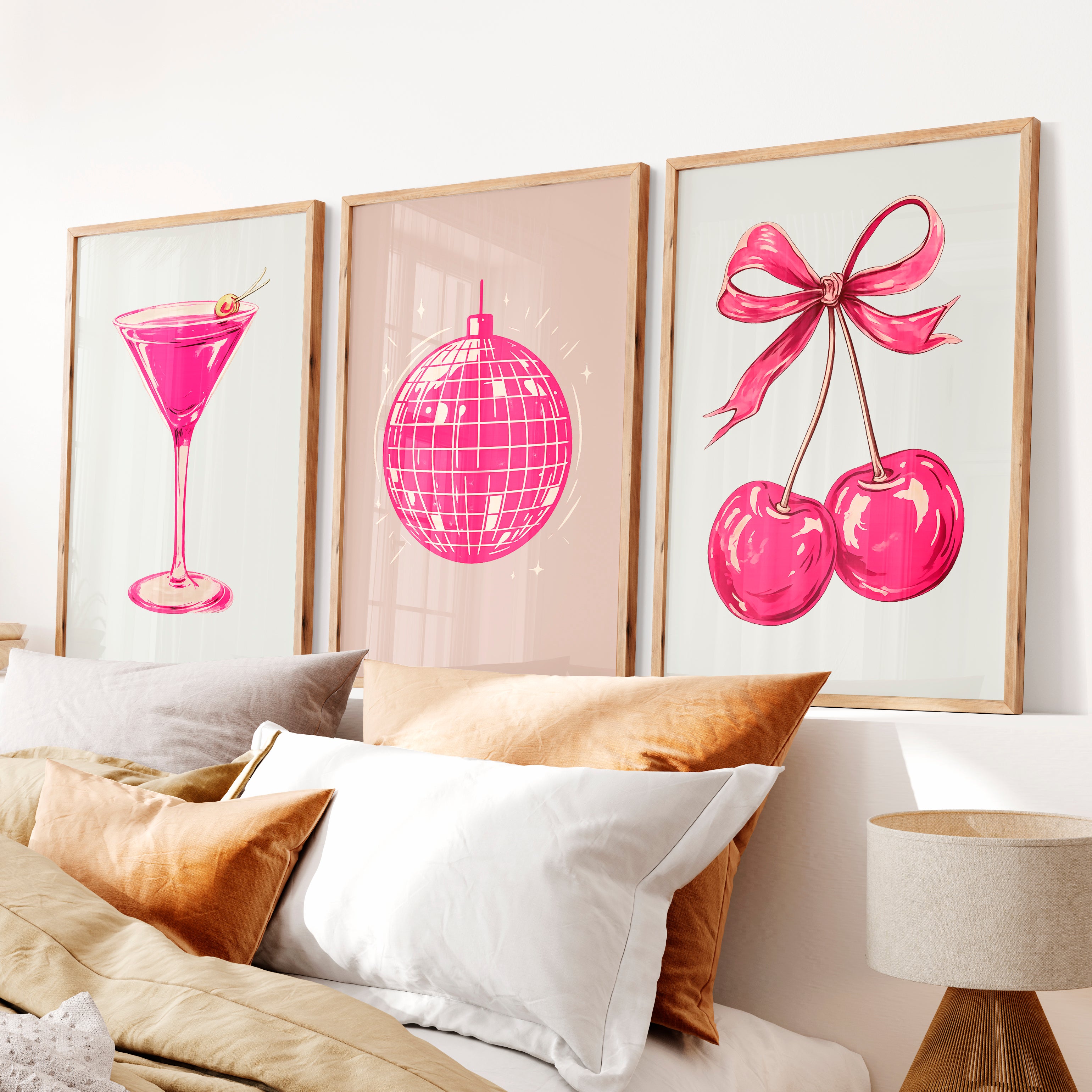 Retro Wall Art with Pink Disco Ball and Cherries - Natural Wood Framed Poster No Border - Artworksets