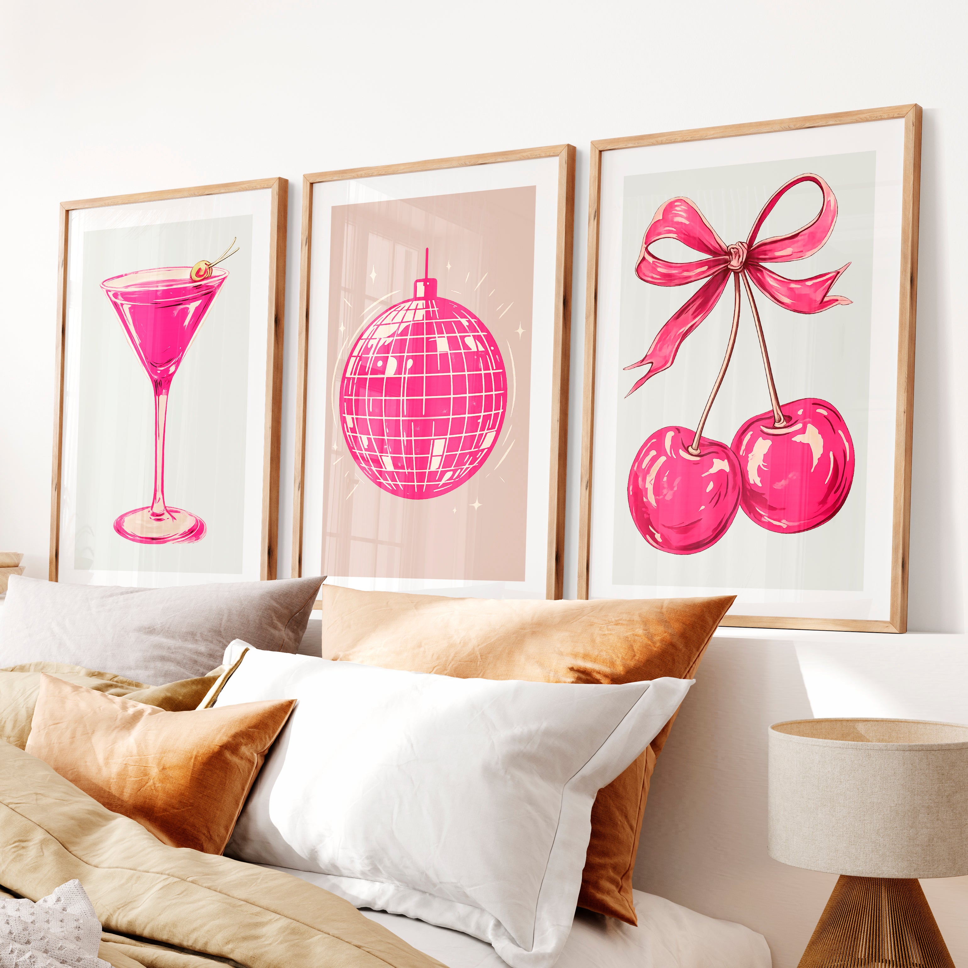 Retro Wall Art with Pink Disco Ball and Cherries- Natural Wood Framed Poster with White Border - Artworksets