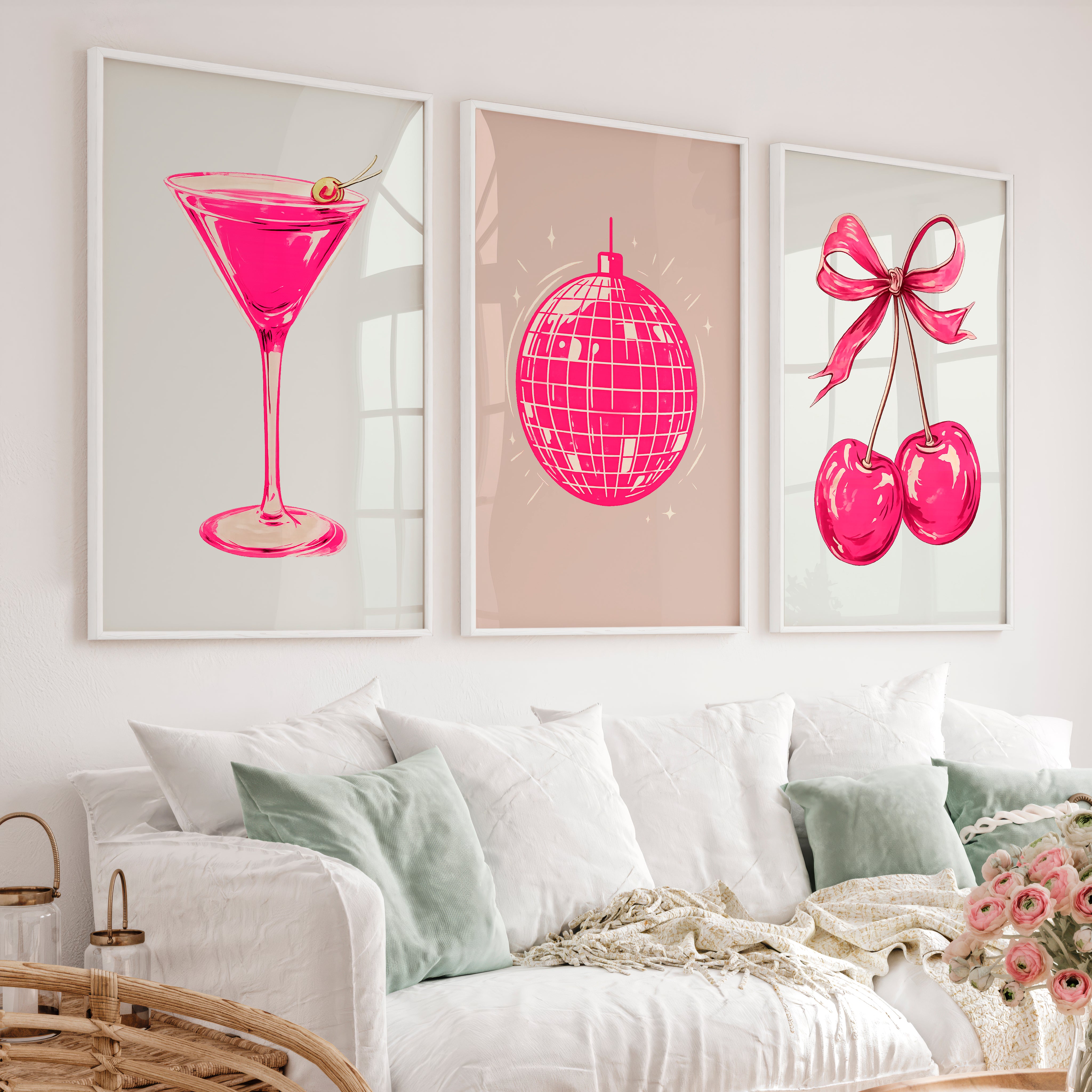 Retro Wall Art with Pink Disco Ball and Cherries - White Framed Poster No Border - Artworksets