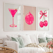 Retro Wall Art with Pink Disco Ball and Cherries - White Framed Poster No Border - Artworksets