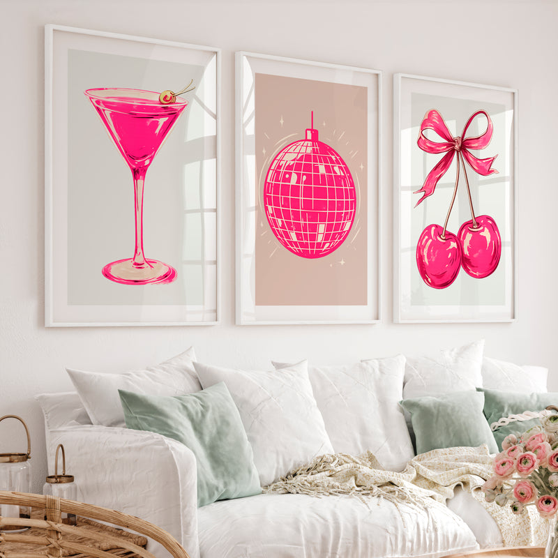 Retro Wall Art with Pink Disco Ball and Cherries - White Framed Poster with White Border - Artworksets