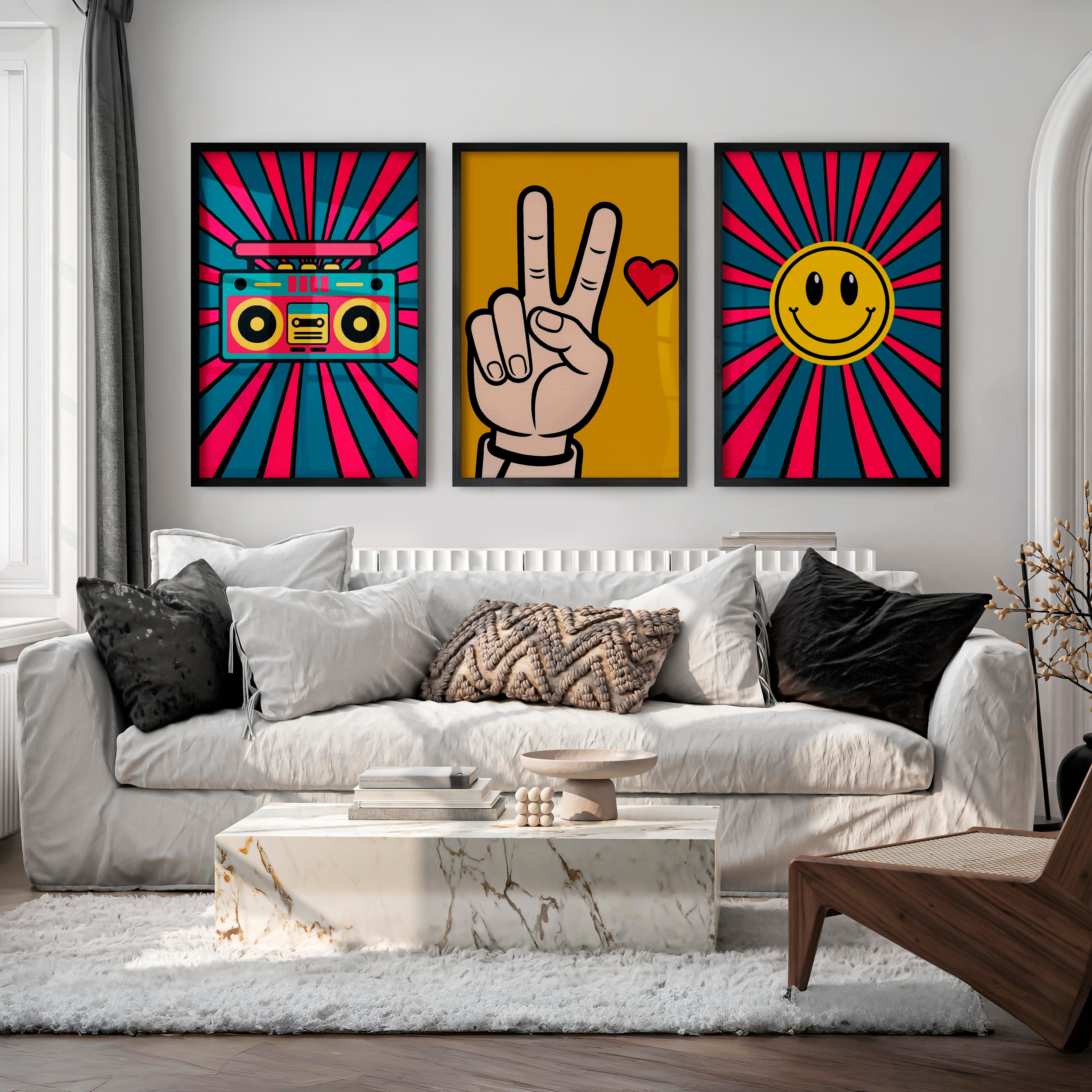 Boombox Pop retro wall posters with Peace Hand - Black Framed Poster No Border - Artworksets