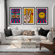 Boombox Pop retro wall posters with Peace Hand - Black Framed Poster with White Border - Artworksets