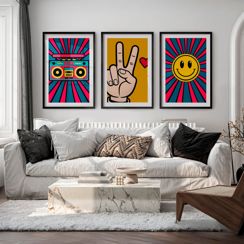 Boombox Pop retro wall posters with Peace Hand - Black Framed Poster with White Border - Artworksets