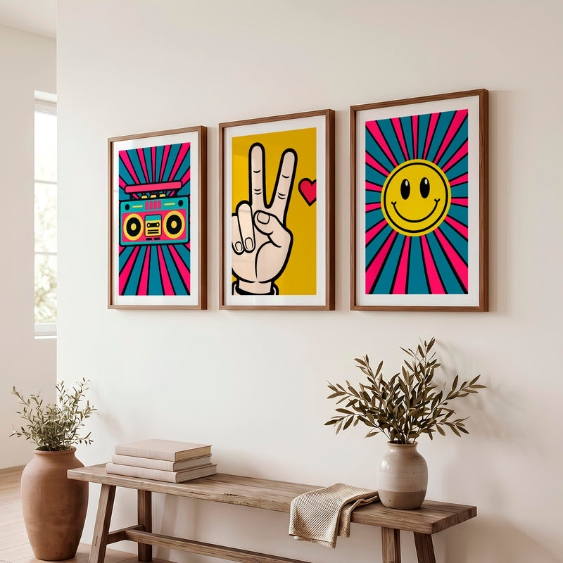 Boombox Pop retro wall posters with Peace Hand - Dark Brown Framed Poster with White Border - Artworksets