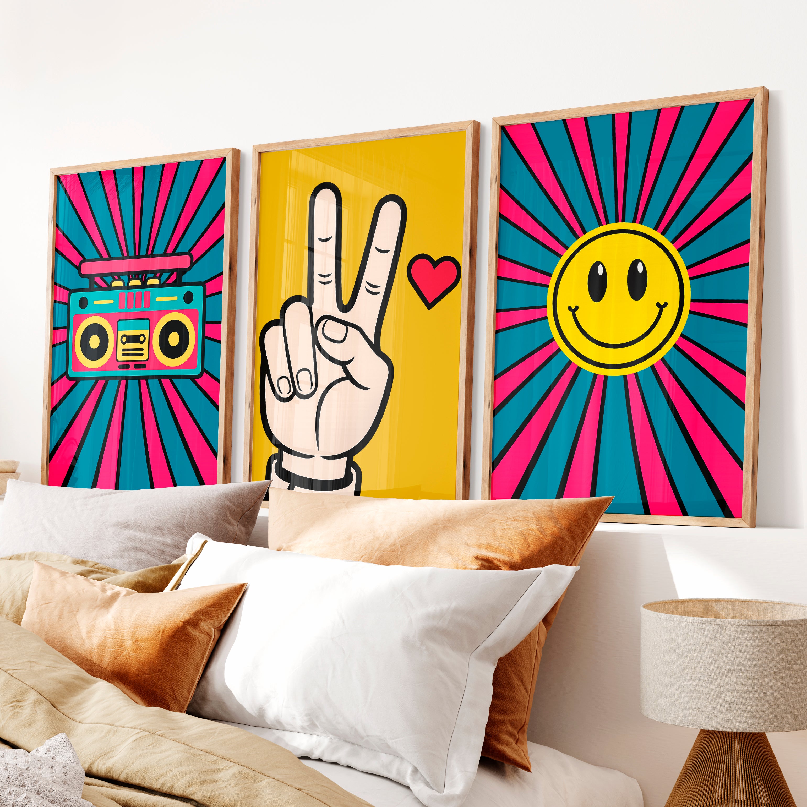Boombox Pop retro wall posters with Peace Hand - Natural Wood Framed Poster No Border - Artworksets
