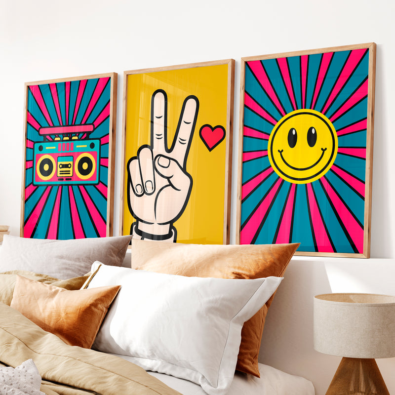 Boombox Pop retro wall posters with Peace Hand - Natural Wood Framed Poster No Border - Artworksets