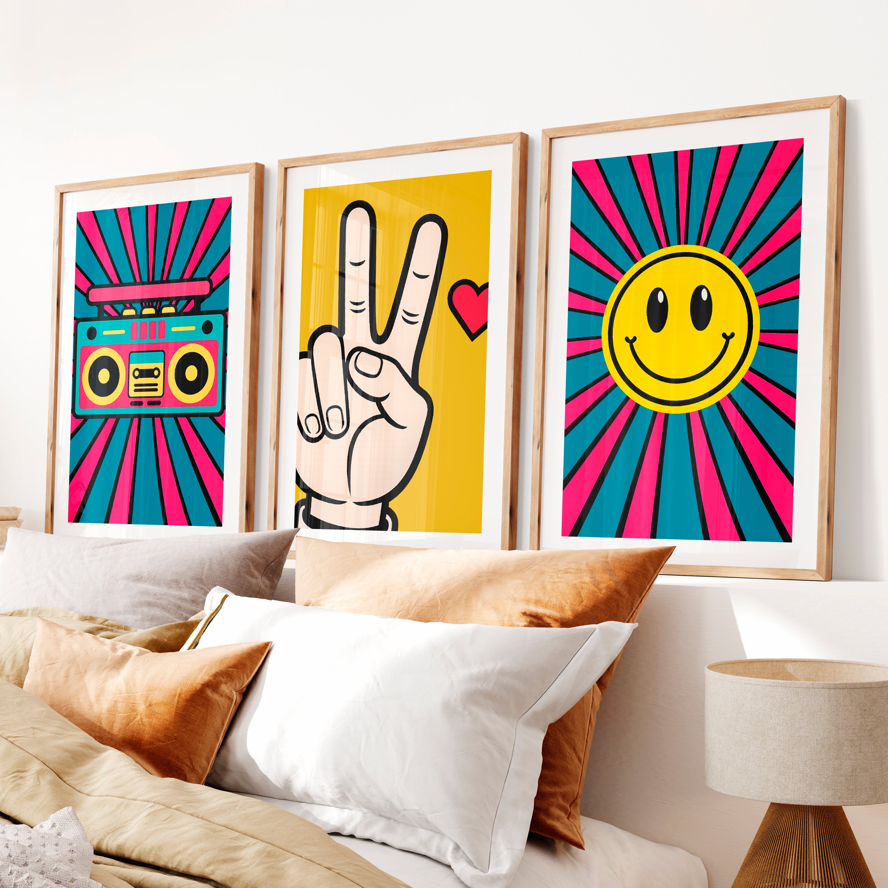 Boombox Pop retro wall posters with Peace Hand- Natural Wood Framed Poster with White Border - Artworksets