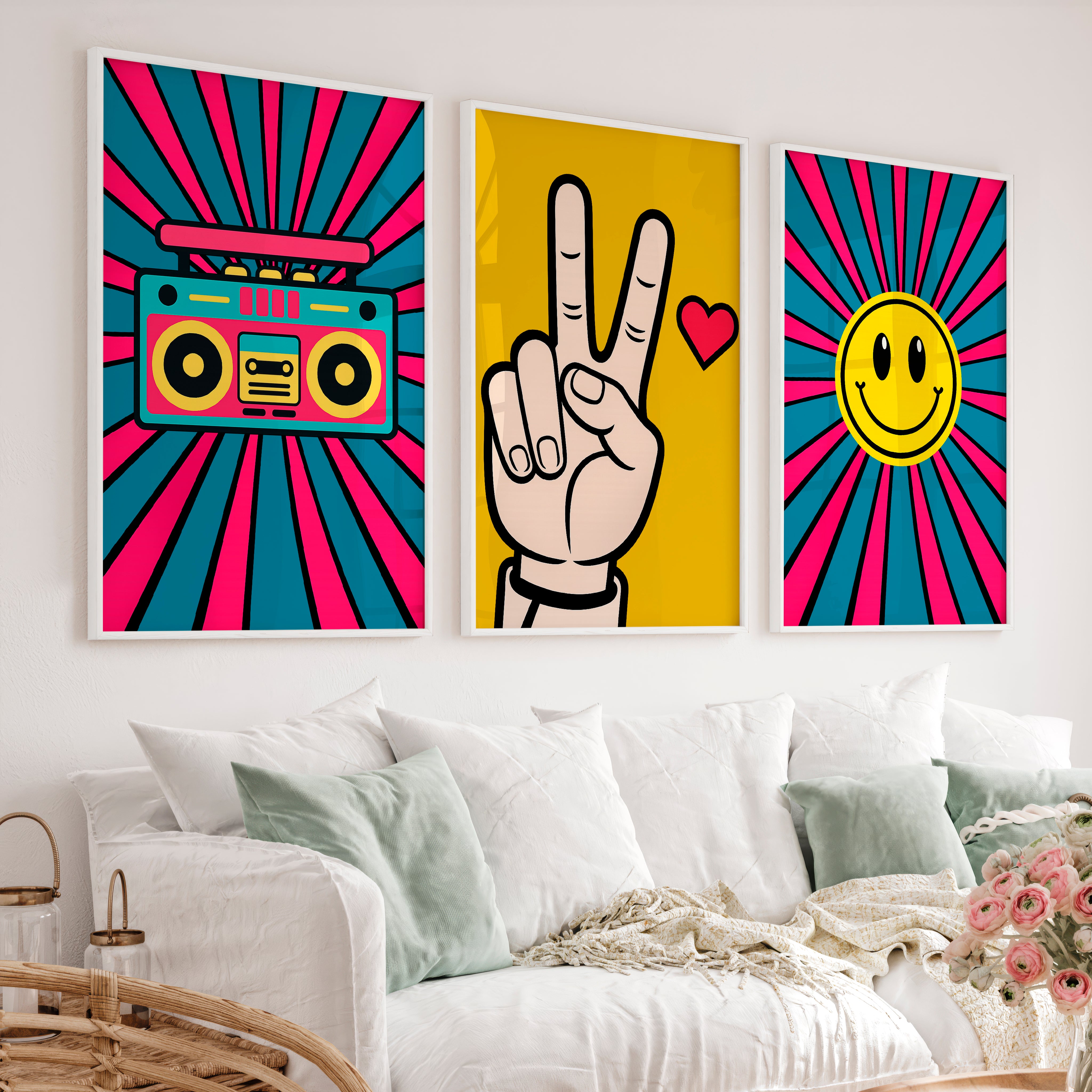 Boombox Pop retro wall posters with Peace Hand - White Framed Poster No Border - Artworksets