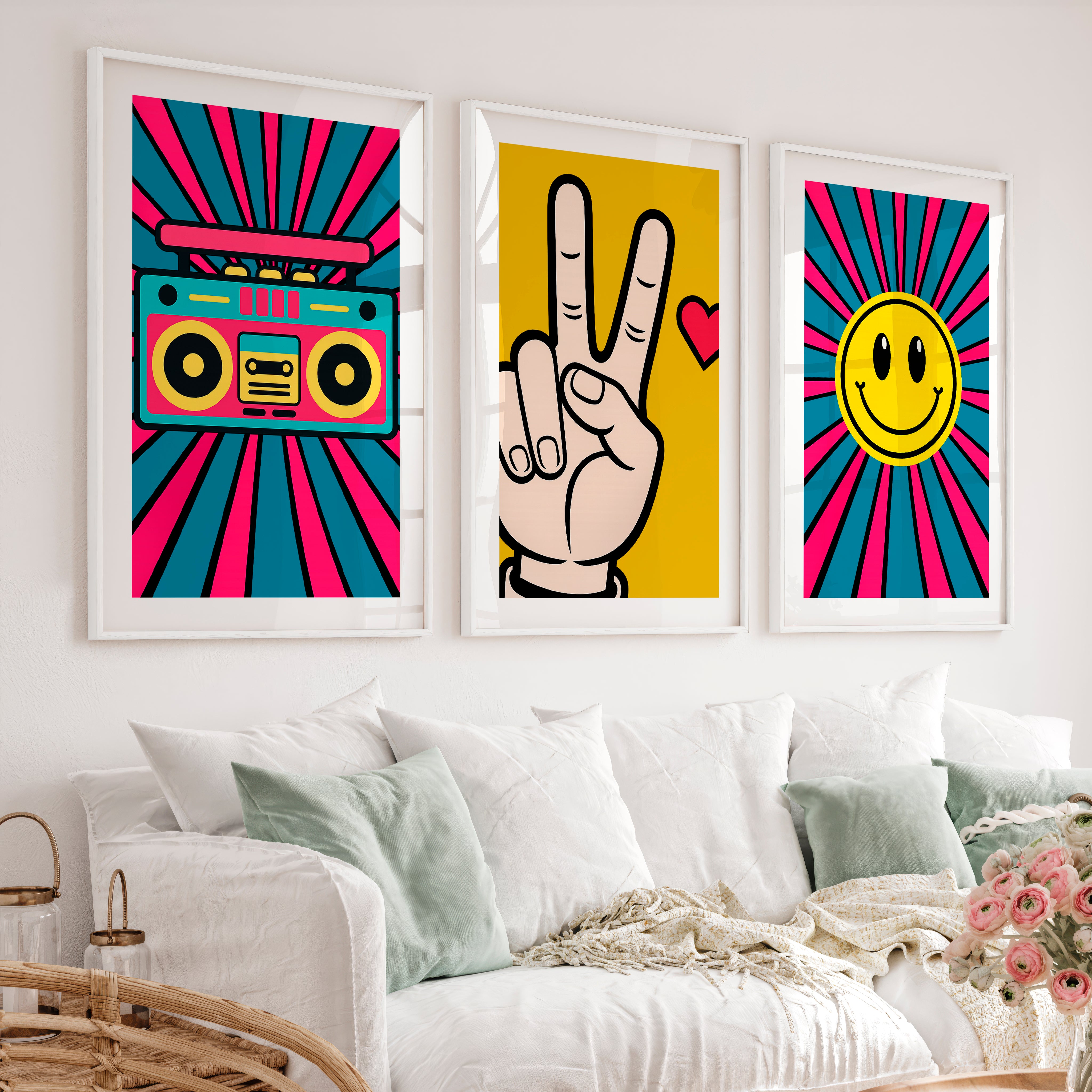 Boombox Pop retro wall posters with Peace Hand - White Framed Poster with White Border - Artworksets