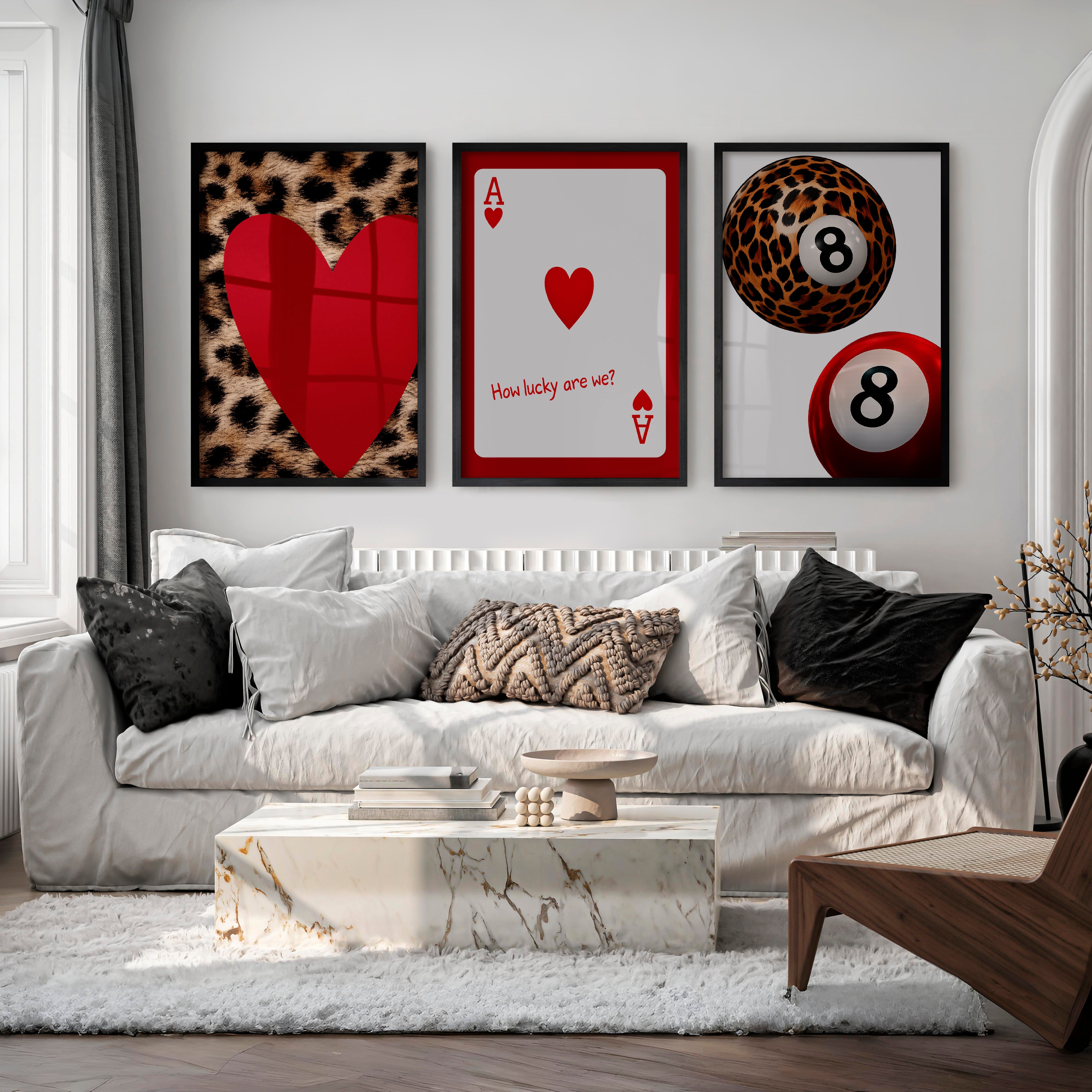 Lucky Hearts and 8 Ball Retro Wall Posters - Black Framed Poster No Border - Artworksets