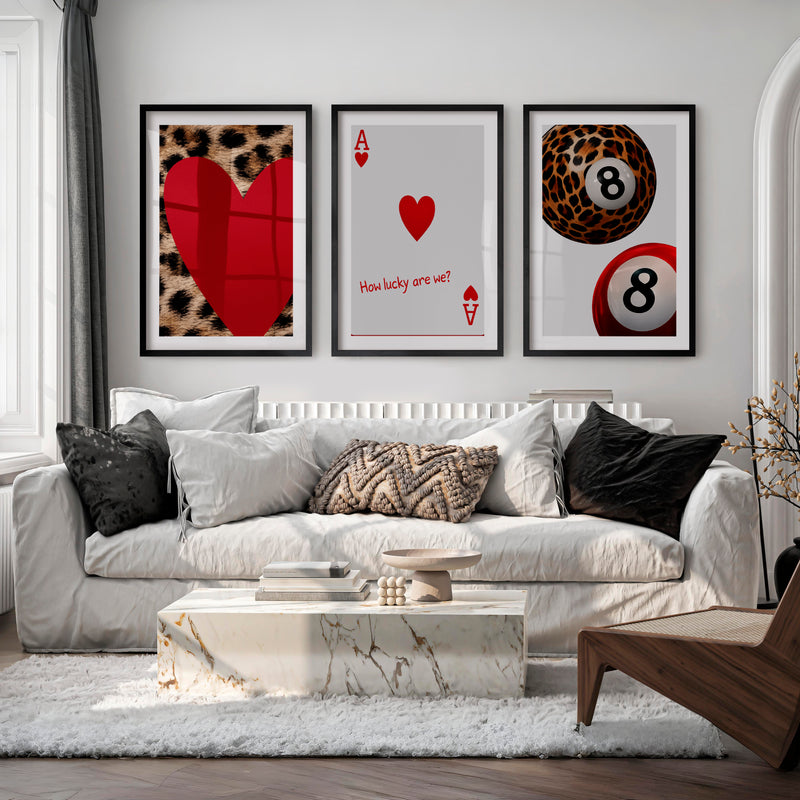 Lucky Hearts and 8 Ball Retro Wall Posters - Black Framed Poster with White Border - Artworksets