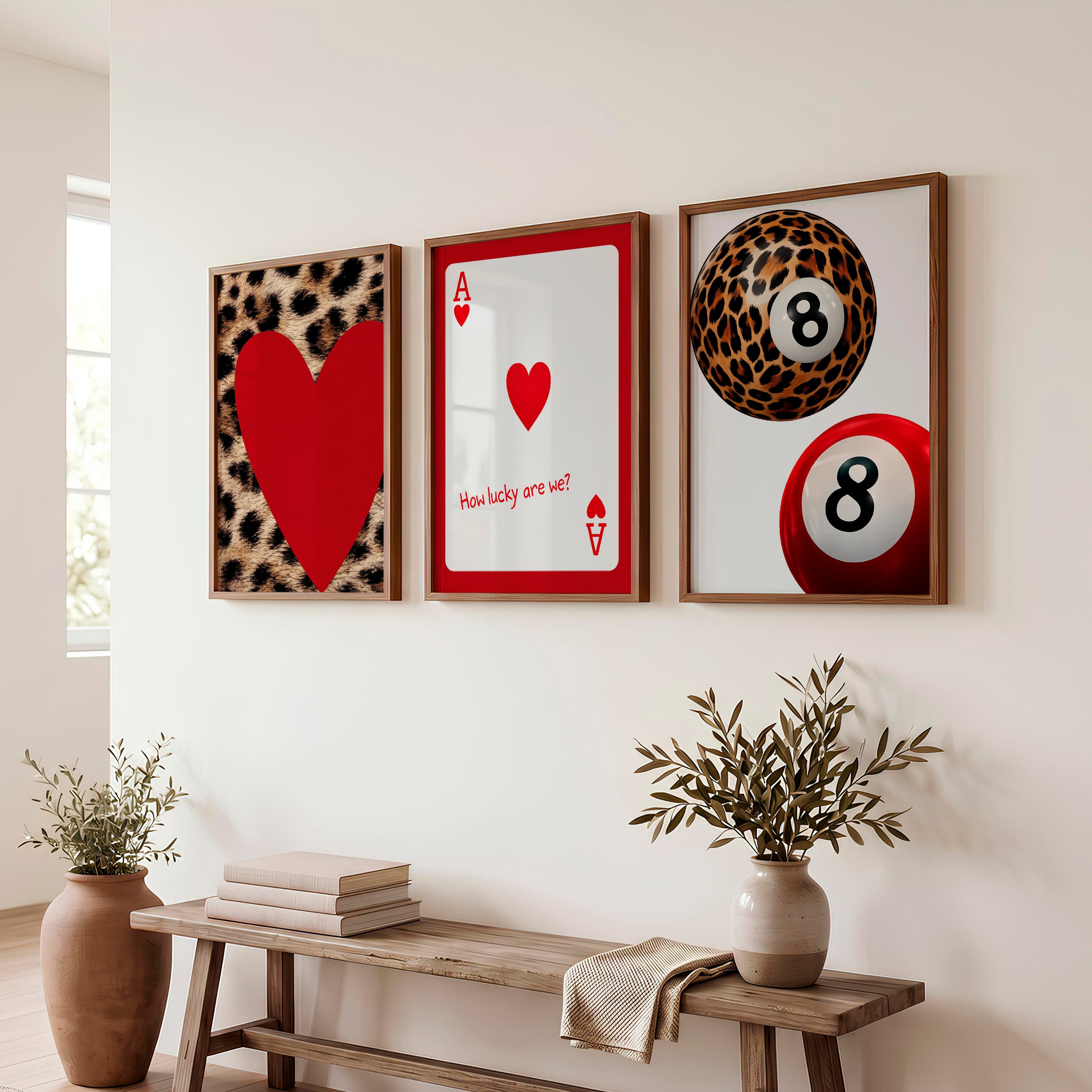 Lucky Hearts and 8 Ball Retro Wall Posters - Dark Brown Framed Poster No Border - Artworksets