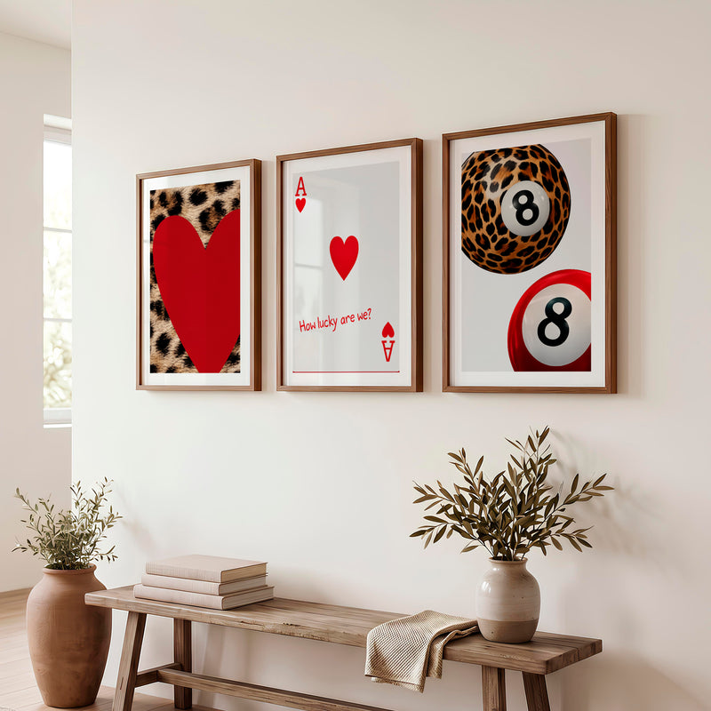 Lucky Hearts and 8 Ball Retro Wall Posters - Dark Brown Framed Poster with White Border - Artworksets