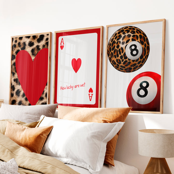 Lucky Hearts and 8 Ball Retro Wall Posters - Natural Wood Framed Poster No Border - Artworksets