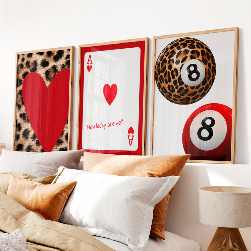 Lucky Hearts and 8 Ball Retro Wall Posters - Natural Wood Framed Poster No Border - Artworksets