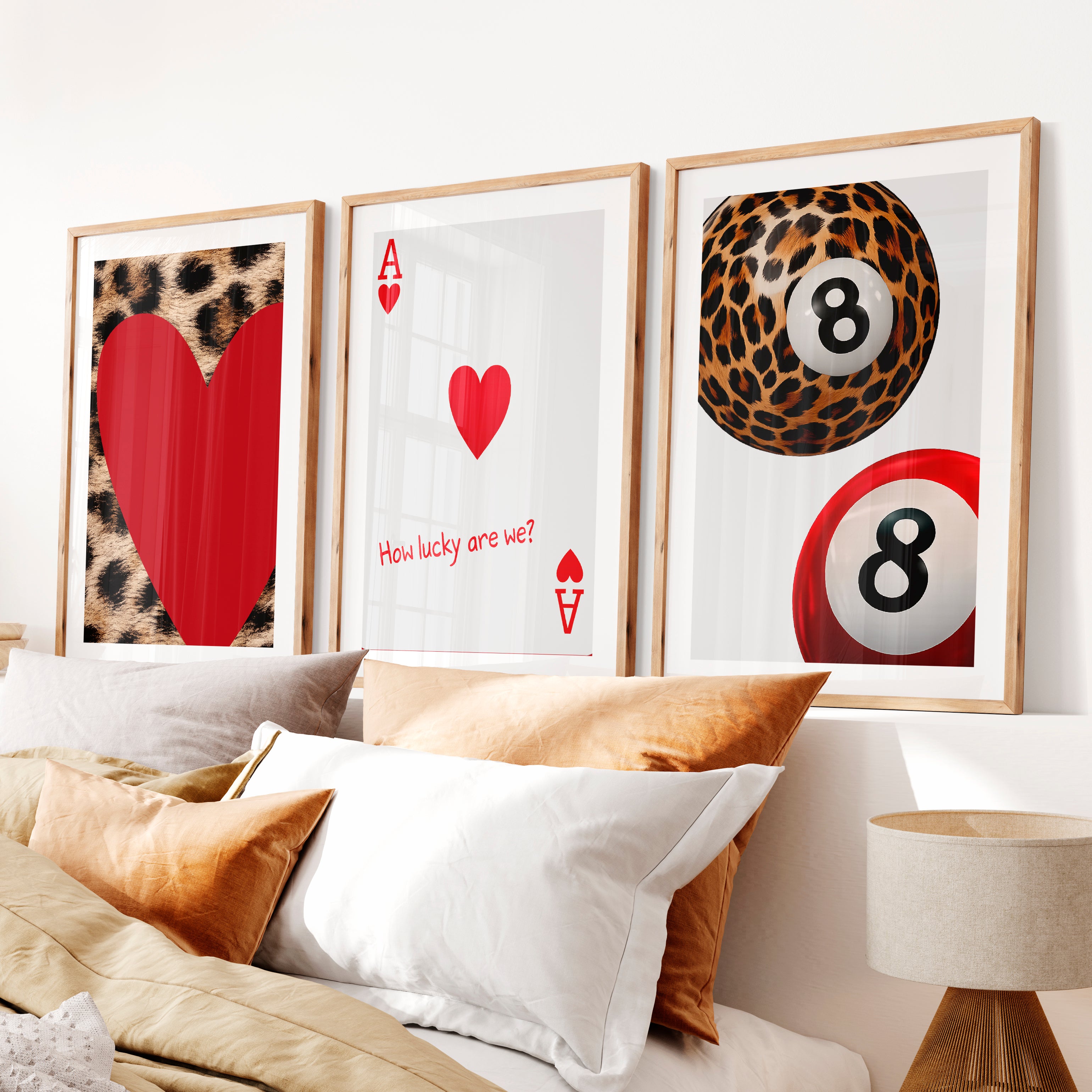Lucky Hearts and 8 Ball Retro Wall Posters- Natural Wood Framed Poster with White Border - Artworksets