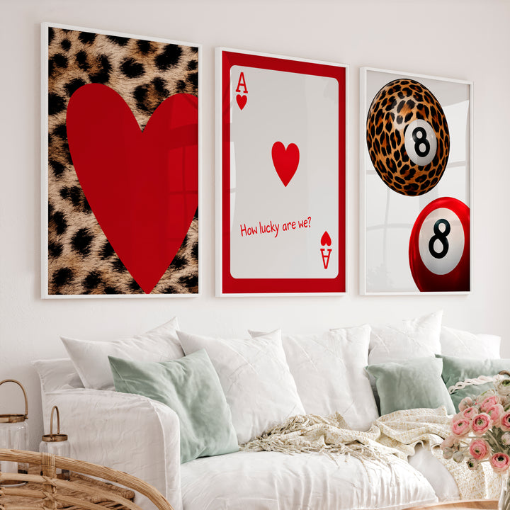 Lucky Hearts and 8 Ball Retro Wall Posters - White Framed Poster No Border - Artworksets